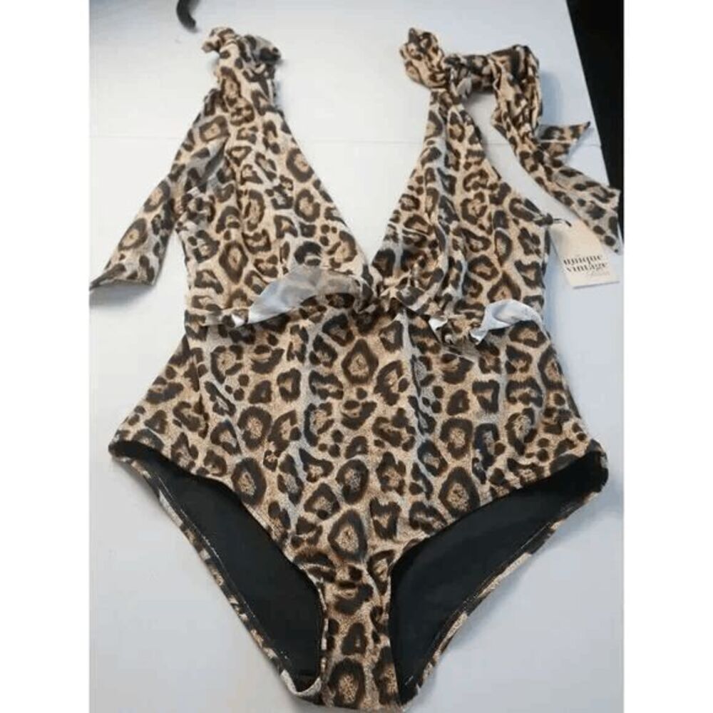 Unique Vintage Leopard Print Tie-Shoulder One-Piece Swimsuit in Tan and Black - Picture 3 of 4